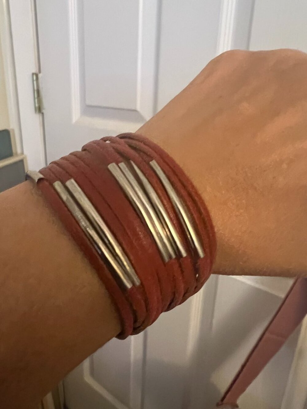 Red Multi‑Strand Faux Leather Bracelet with Silver Metal Accents & Snap Closure